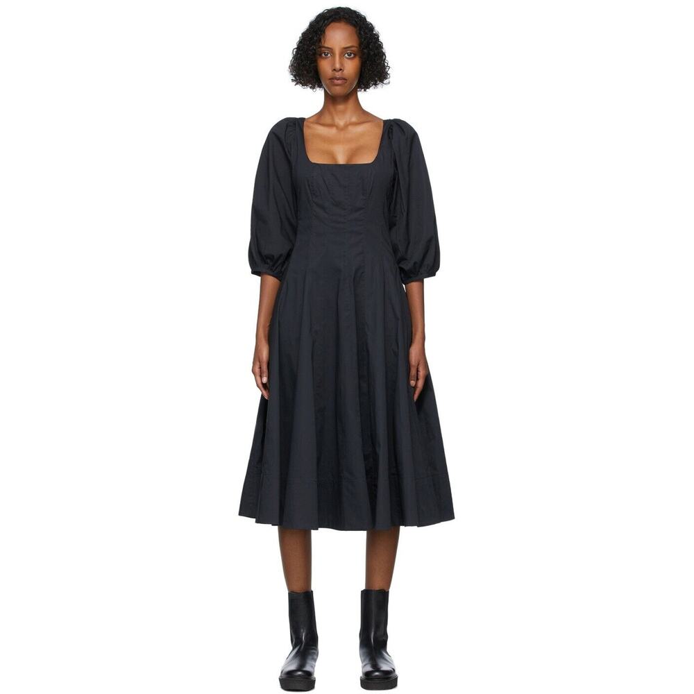 Staud Swells Puff Sleeve Poplin Midi Dress - 2 - Black - Picture 5 of 8